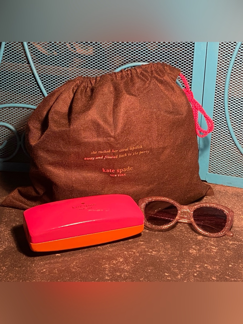 Kate Spade bundle,pink glitter sunglasses,pink/orange case,brown dust bag,quote